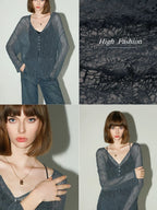 COCOBELLA Soft Lace V Neck Shell Button Straight Fit Women Long Sleeve Knit T-Shirts
