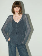 COCOBELLA Soft Lace V Neck Shell Button Straight Fit Women Long Sleeve Knit T-Shirts