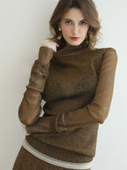 COCOBELLA Soft Lurex Faux Two Piece Spliced Slim Fit High Neck Women Long Sleeve T-Shirts