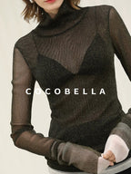 COCOBELLA Soft Lurex Faux Two Piece Spliced Slim Fit High Neck Women Long Sleeve T-Shirts