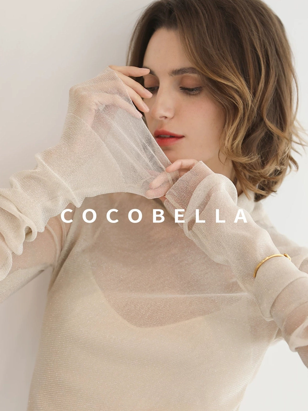COCOBELLA Soft Lurex Faux Two Piece Spliced Slim Fit High Neck Women Long Sleeve T-Shirts