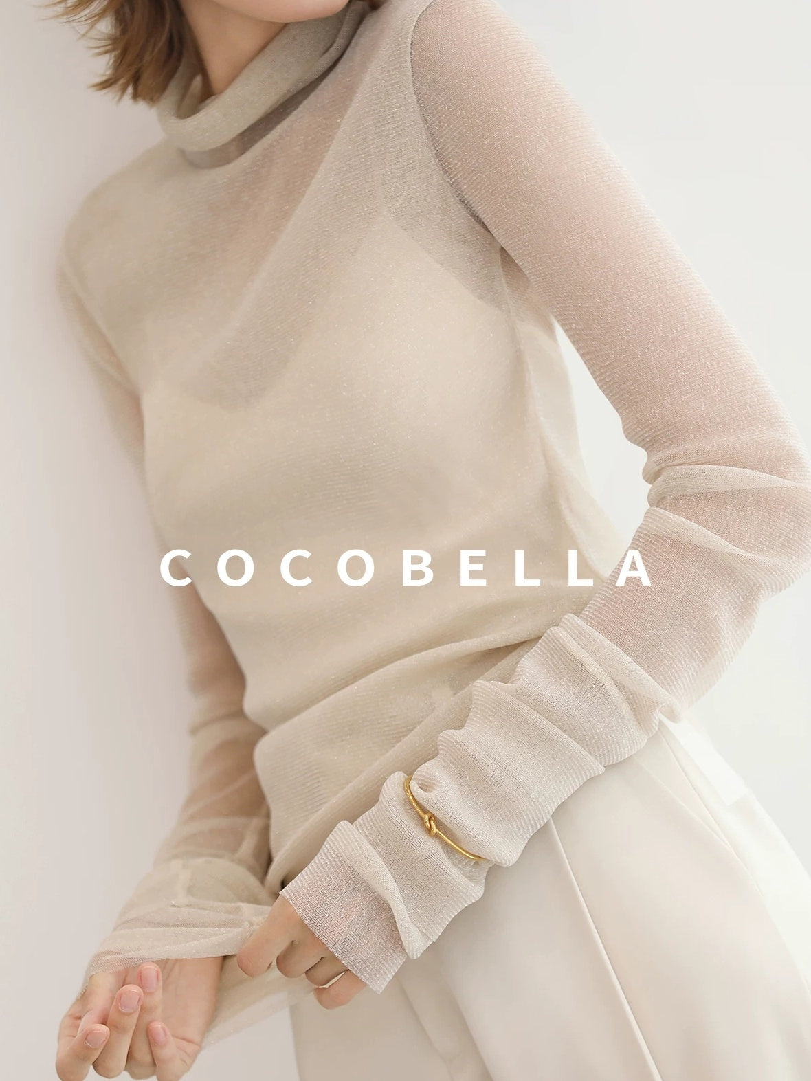 COCOBELLA Soft Lurex Faux Two Piece Spliced Slim Fit High Neck Women Long Sleeve T-Shirts