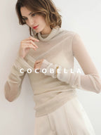 COCOBELLA Soft Lurex Faux Two Piece Spliced Slim Fit High Neck Women Long Sleeve T-Shirts