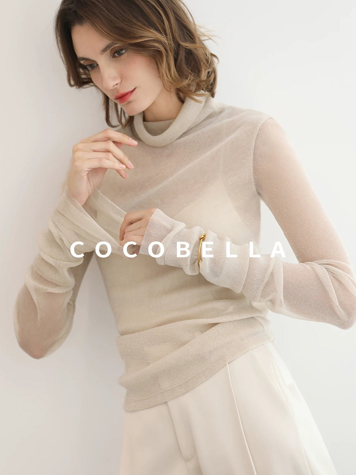 COCOBELLA Soft Lurex Faux Two Piece Spliced Slim Fit High Neck Women Long Sleeve T-Shirts