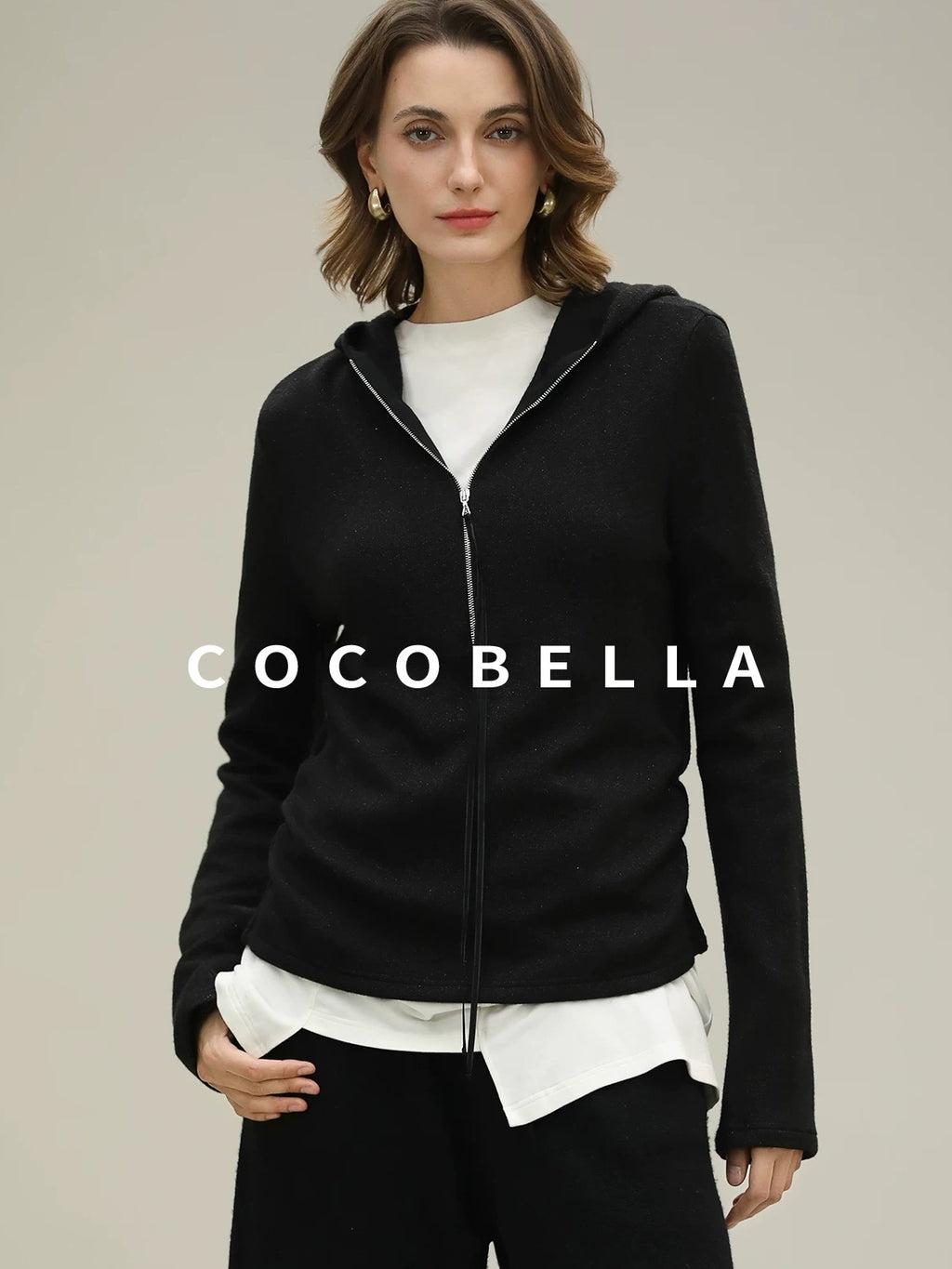 COCOBELLA Soft Lurex Hooded Straight Fit Casual Women Zip Knit Sweater