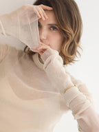 COCOBELLA Soft Lurex Patchwork Minimalist Slim Fit High Neck Long Sleeve Women T-Shirts