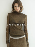 COCOBELLA Soft Lurex Patchwork Minimalist Slim Fit High Neck Long Sleeve Women T-Shirts