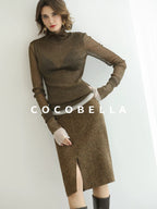 COCOBELLA Soft Lurex Patchwork Minimalist Slim Fit High Neck Long Sleeve Women T-Shirts