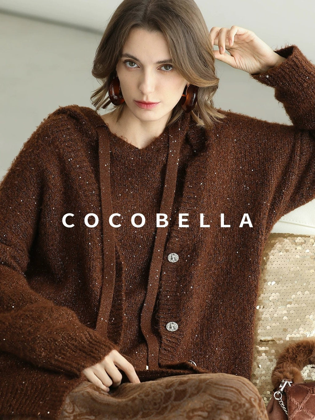 COCOBELLA Soft Lurex Sequin Detail Loose Fit Hooded Knit Commuter Women Hoodie Sweater
