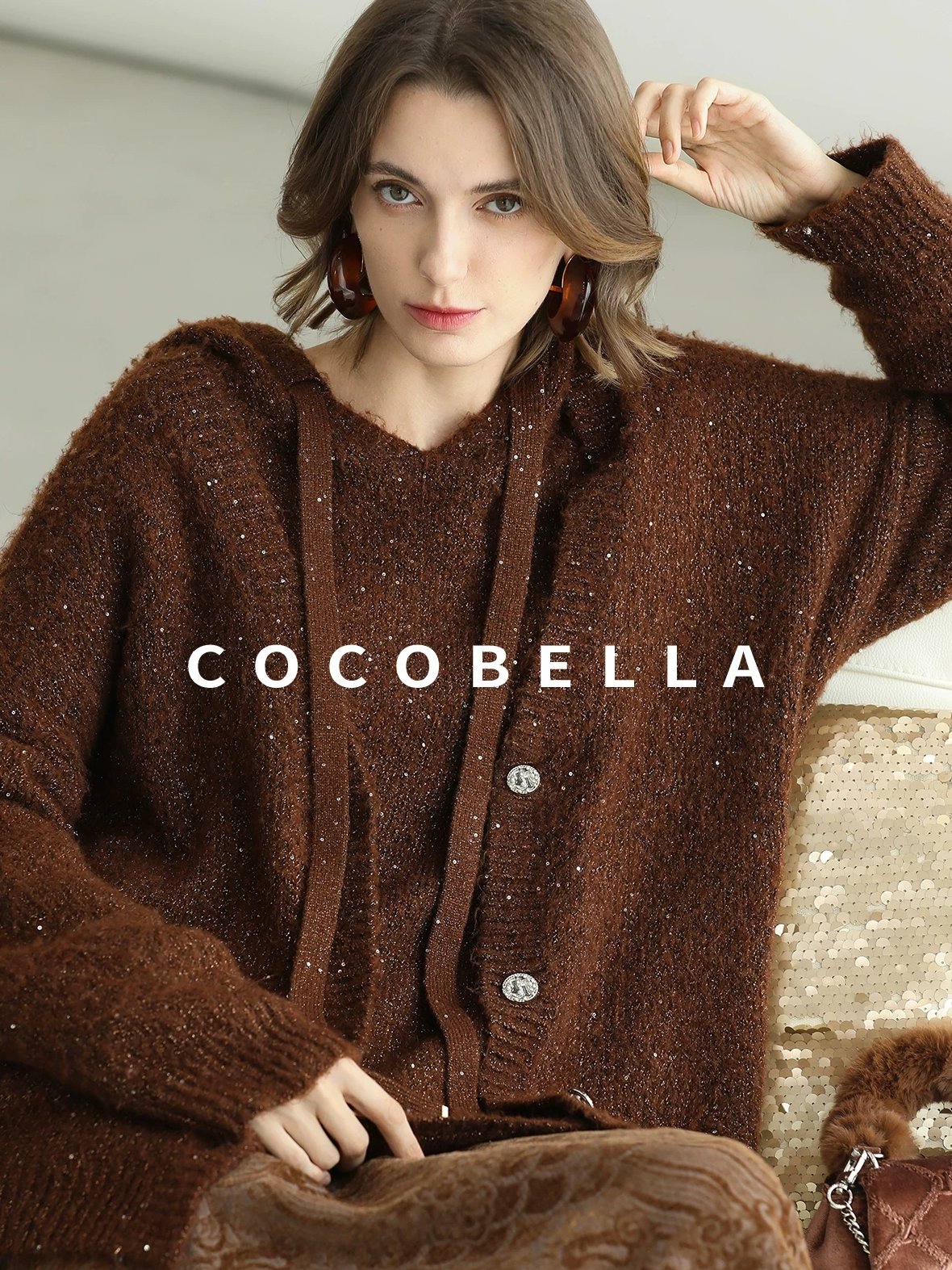 COCOBELLA Soft Lurex Sequin Detail Loose Fit Hooded Knit Commuter Women Hoodie Sweater
