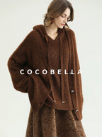 COCOBELLA Soft Lurex Sequin Detail Loose Fit Hooded Knit Commuter Women Hoodie Sweater