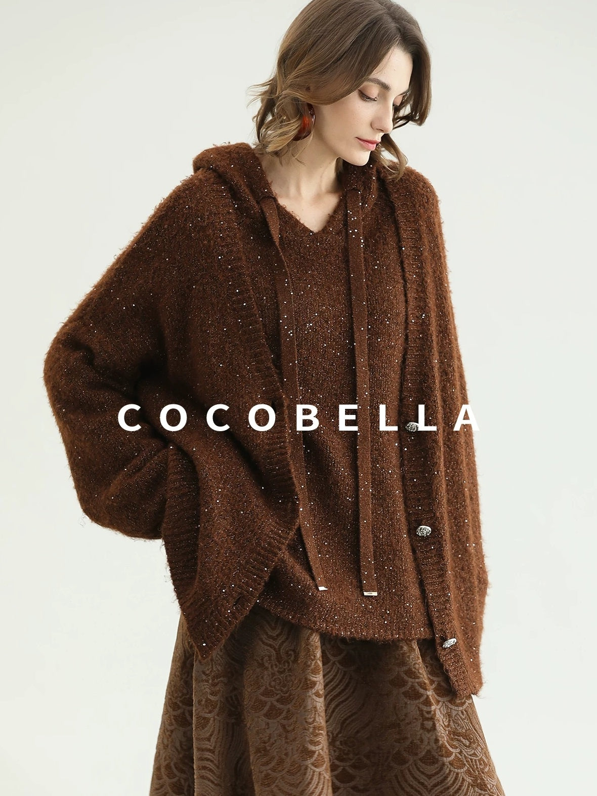 COCOBELLA Soft Lurex Sequin Detail Loose Fit Hooded Knit Commuter Women Hoodie Sweater
