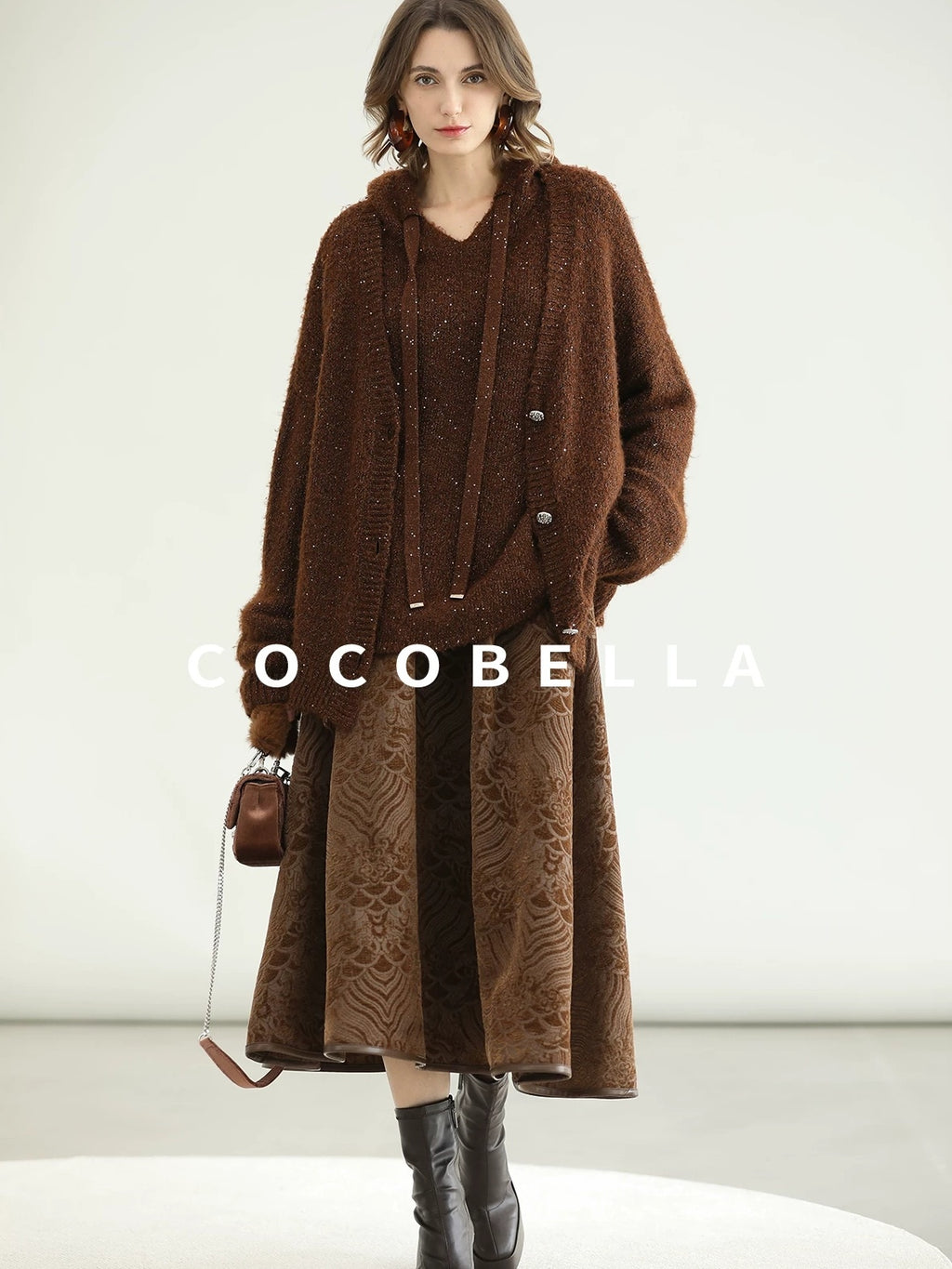 COCOBELLA Soft Lurex Sequin Detail Loose Fit Hooded Knit Commuter Women Hoodie Sweater