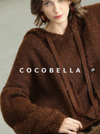 COCOBELLA Soft Lurex Sequin Detail Loose Fit Hooded Knit Commuter Women Hoodie Sweater