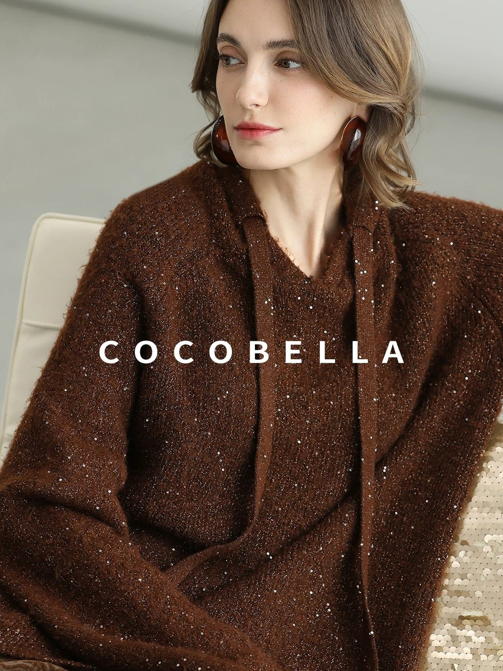 COCOBELLA Soft Lurex Sequin Detail Loose Fit Hooded Knit Commuter Women Hoodie Sweater
