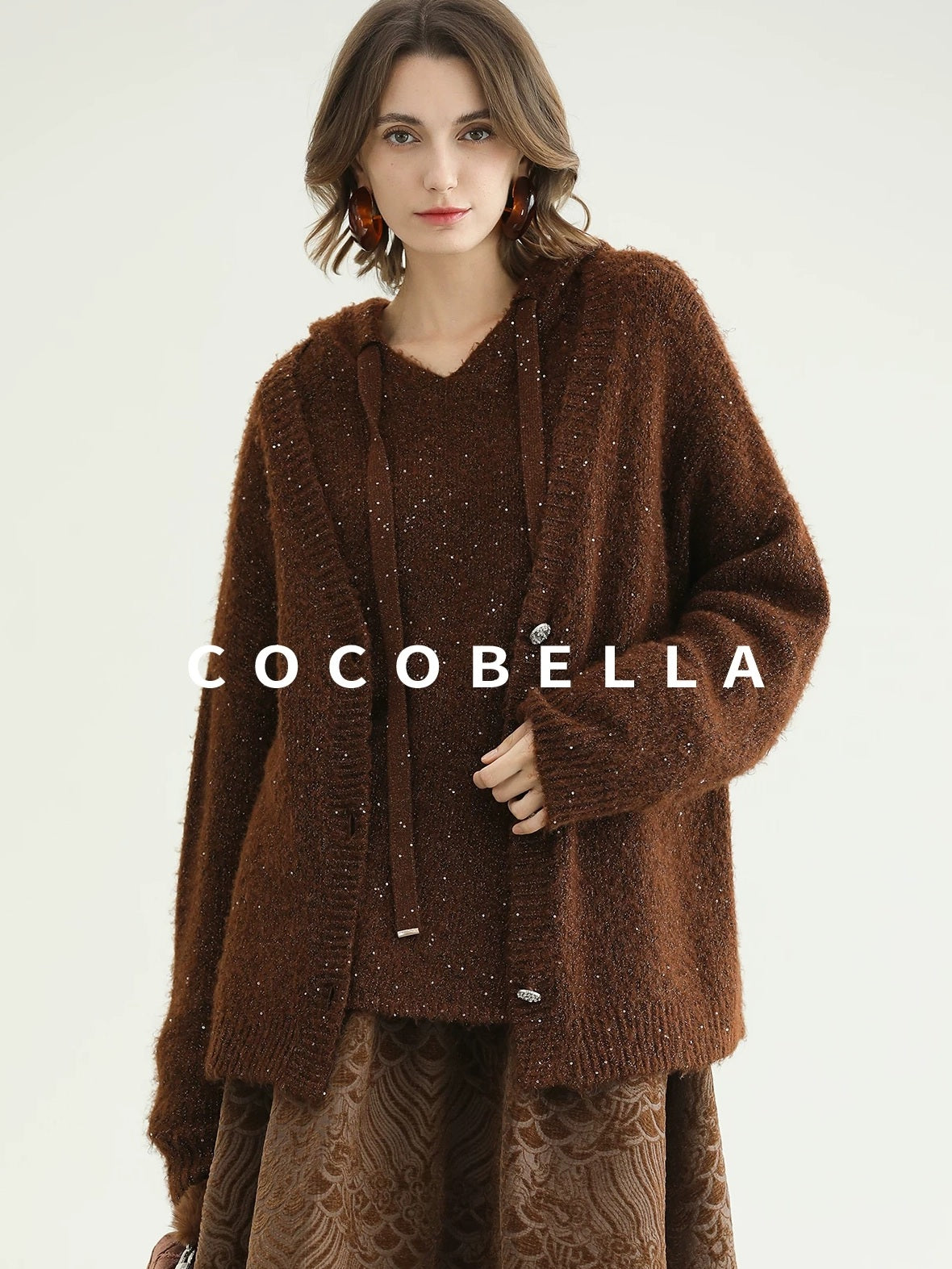 COCOBELLA Soft Lurex Sequin Detail Loose Fit Hooded Knit Commuter Women Hoodie Sweater