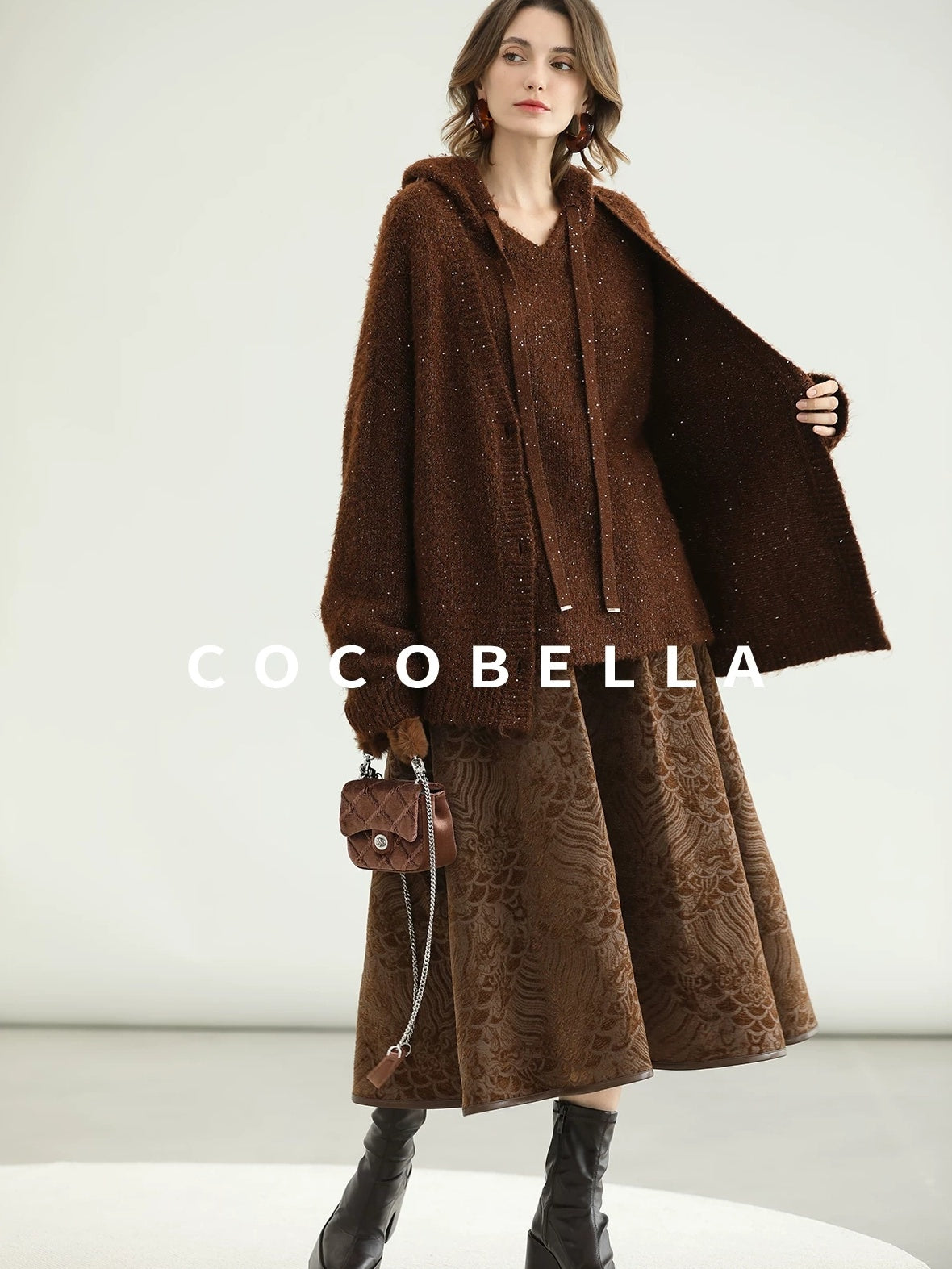 COCOBELLA Soft Lurex Sequin Detail Loose Fit Hooded Knit Commuter Women Hoodie Sweater