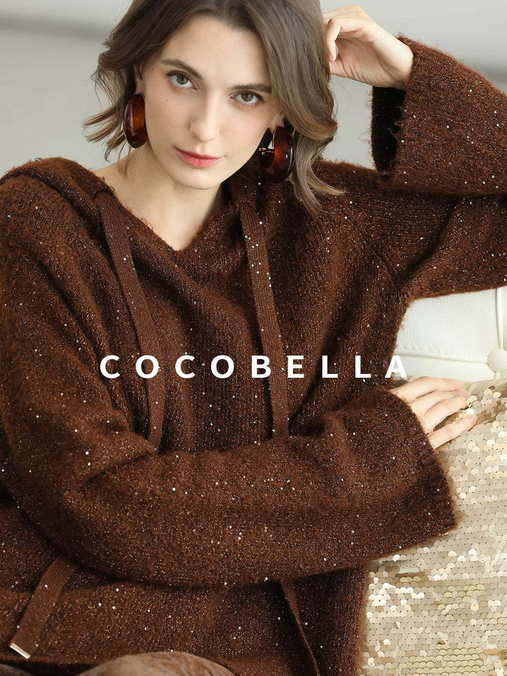 COCOBELLA Soft Lurex Sequin Detail Loose Fit Hooded Knit Commuter Women Hoodie Sweater
