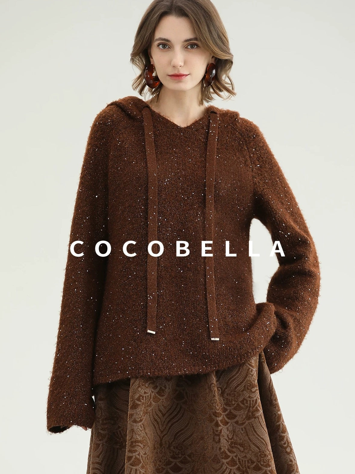 COCOBELLA Soft Lurex Sequin Detail Loose Fit Hooded Knit Commuter Women Hoodie Sweater