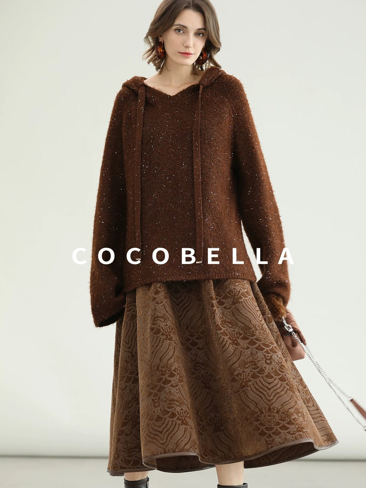COCOBELLA Soft Lurex Sequin Detail Loose Fit Hooded Knit Commuter Women Hoodie Sweater