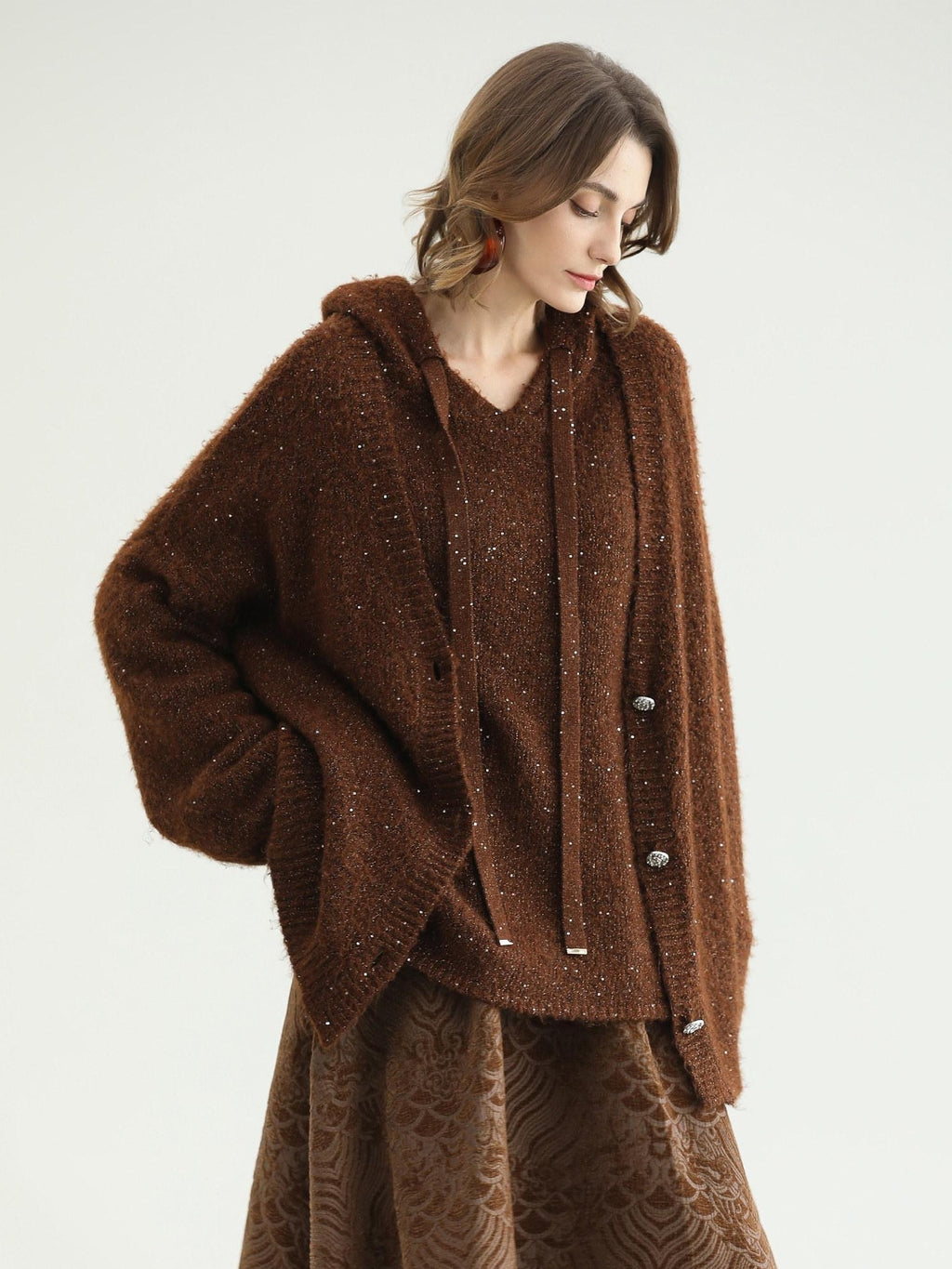 COCOBELLA Soft Lurex Sequin Detail Loose Fit Hooded Knit Commuter Women Hoodie Sweater
