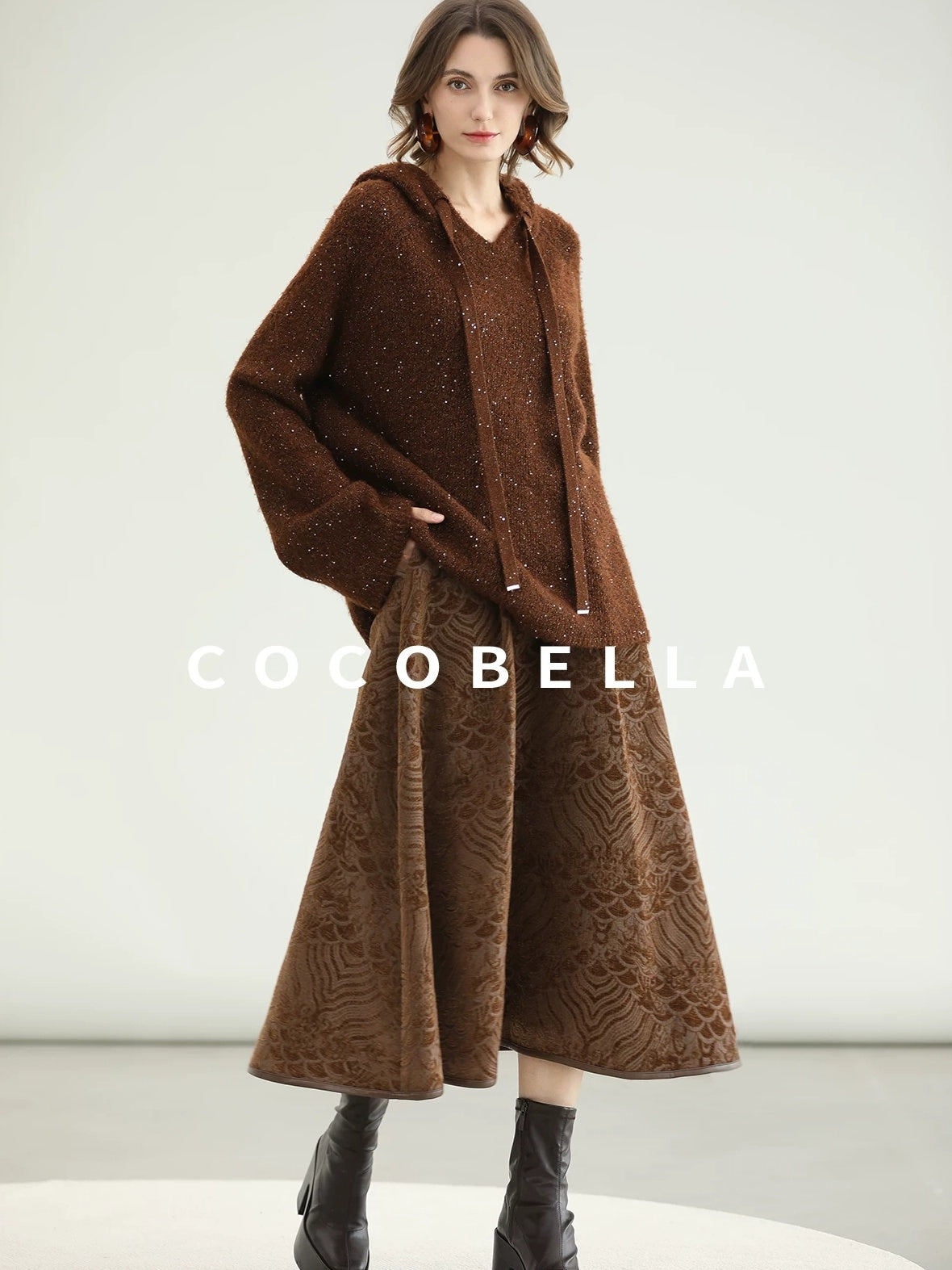 COCOBELLA Soft Lurex Sequin Detail Loose Fit Hooded Knit Commuter Women Hoodie Sweater