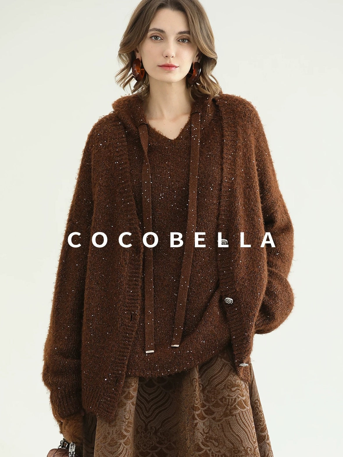 COCOBELLA Soft Lurex Sequin Detail Loose Fit Hooded Knit Commuter Women Hoodie Sweater