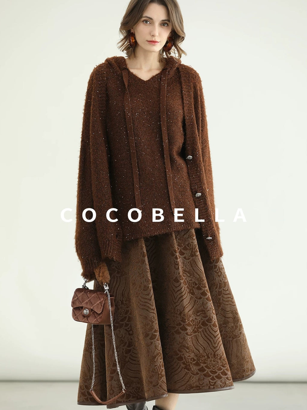 COCOBELLA Soft Lurex Sequin Detail Loose Fit Hooded Knit Commuter Women Hoodie Sweater