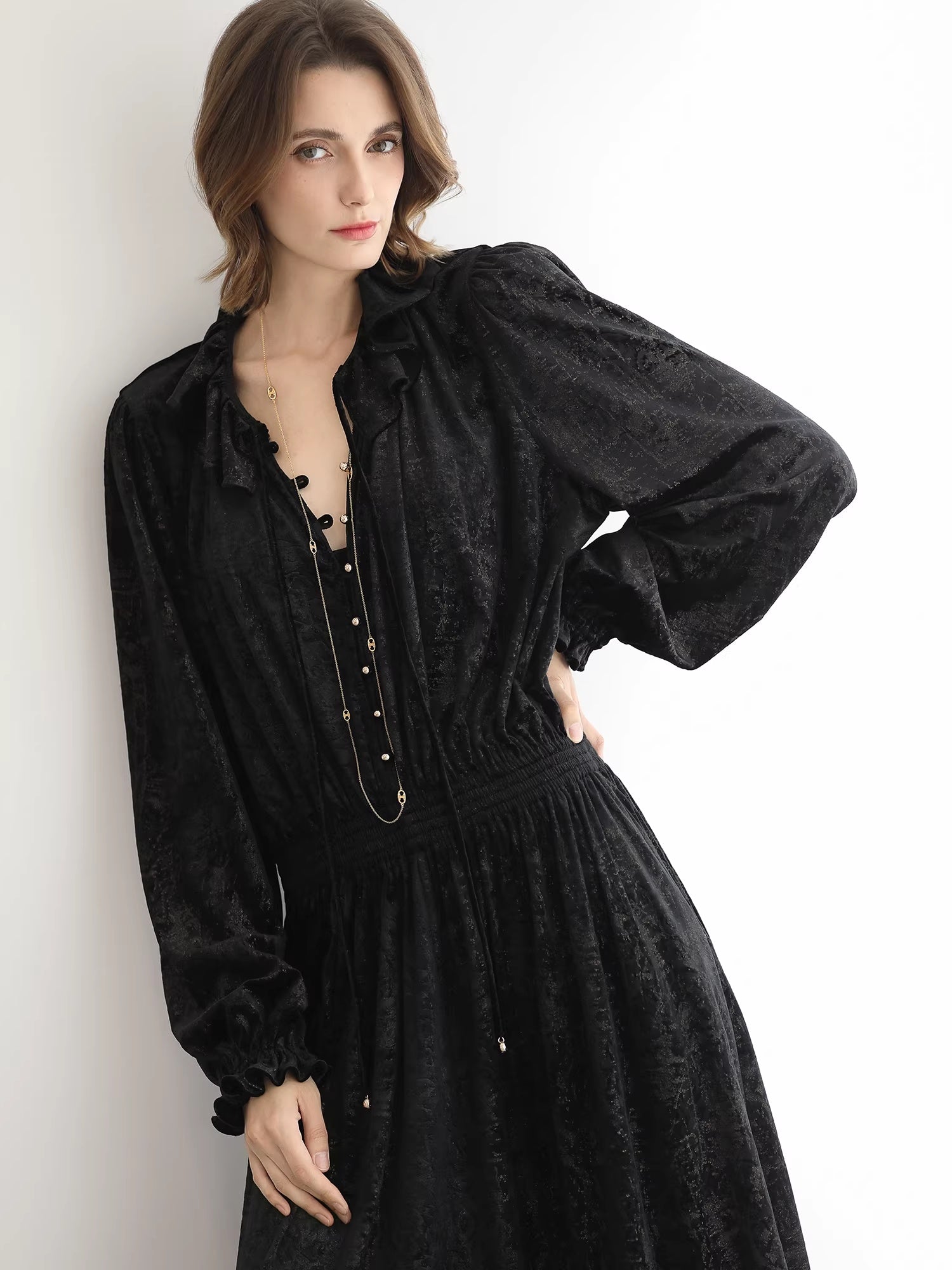 COCOBELLA_Soft_Metallic_Ruched_Vintage_V_Neck_Tie_Lace_Pocket_Elastic_Waist_City_Dresses_MISSTT