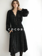 COCOBELLA Soft Metallic Ruched Vintage V Neck Tie Lace Pocket Elastic Waist City Dresses