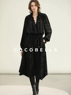 COCOBELLA Soft Metallic Ruched Vintage V Neck Tie Lace Pocket Elastic Waist City Dresses