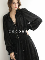 COCOBELLA Soft Metallic Ruched Vintage V Neck Tie Lace Pocket Elastic Waist City Dresses