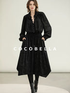 COCOBELLA Soft Metallic Ruched Vintage V Neck Tie Lace Pocket Elastic Waist City Dresses