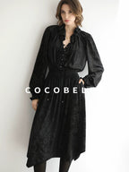 COCOBELLA Soft Metallic Ruched Vintage V Neck Tie Lace Pocket Elastic Waist City Dresses