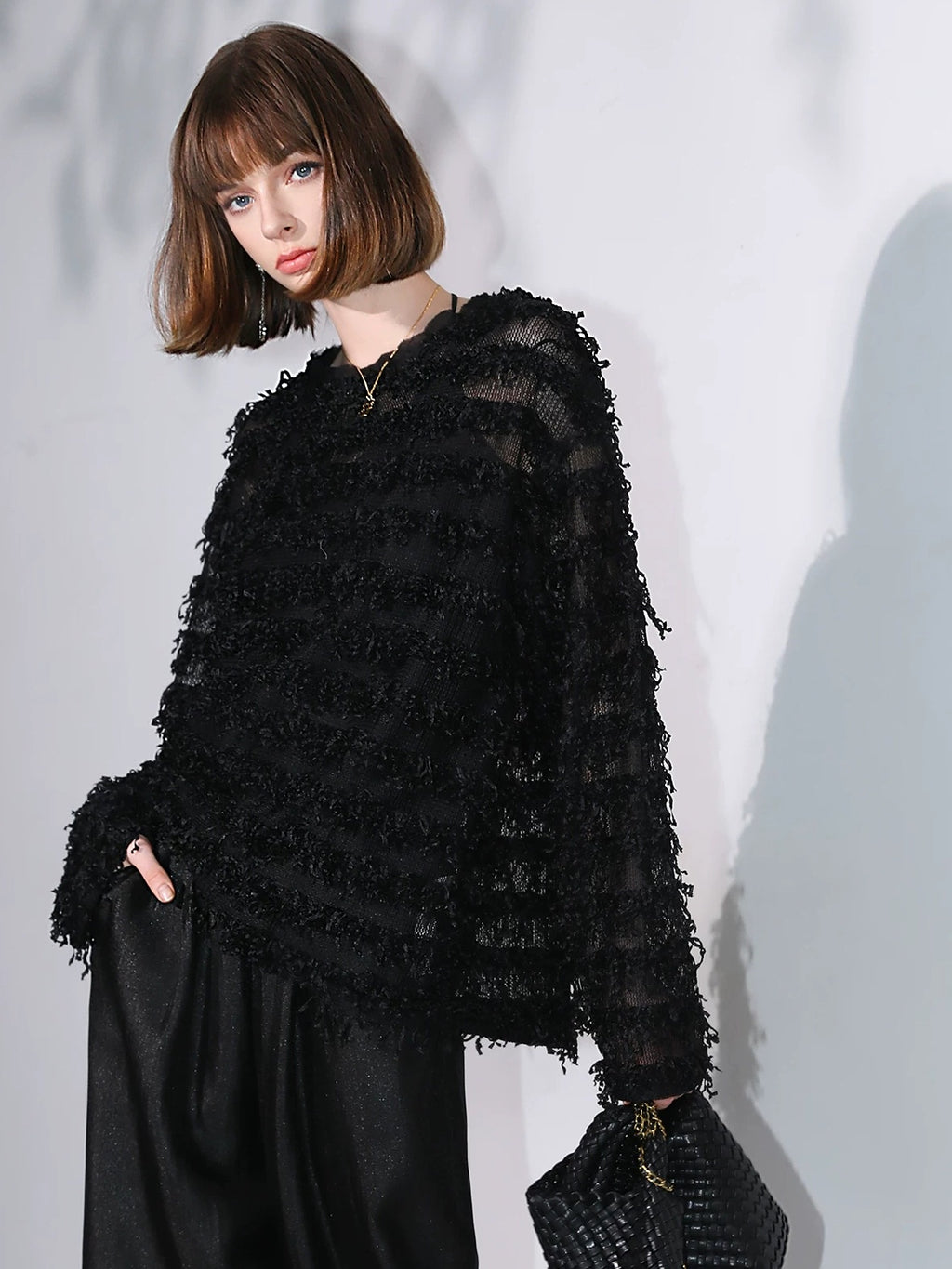 COCOBELLA Soft Oversized 3D Fringe Boucle Inspired Women Bamboo Leaf Sweater