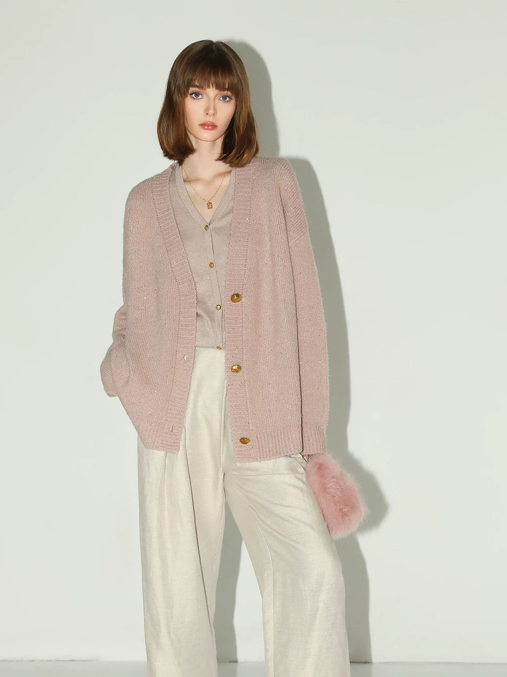 COCOBELLA Soft Plush Sequined Button Loose Fit Sweet V Neck Cardigan Women Knit Sweater