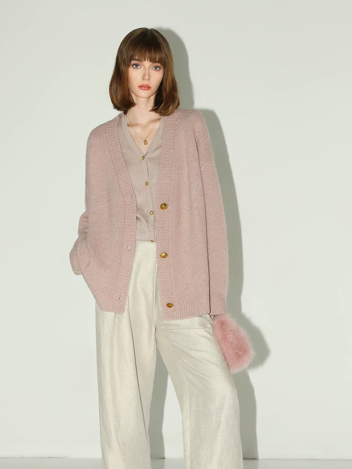 COCOBELLA Soft Plush Sequined Button Loose Fit Sweet V Neck Cardigan Women Knit Sweater