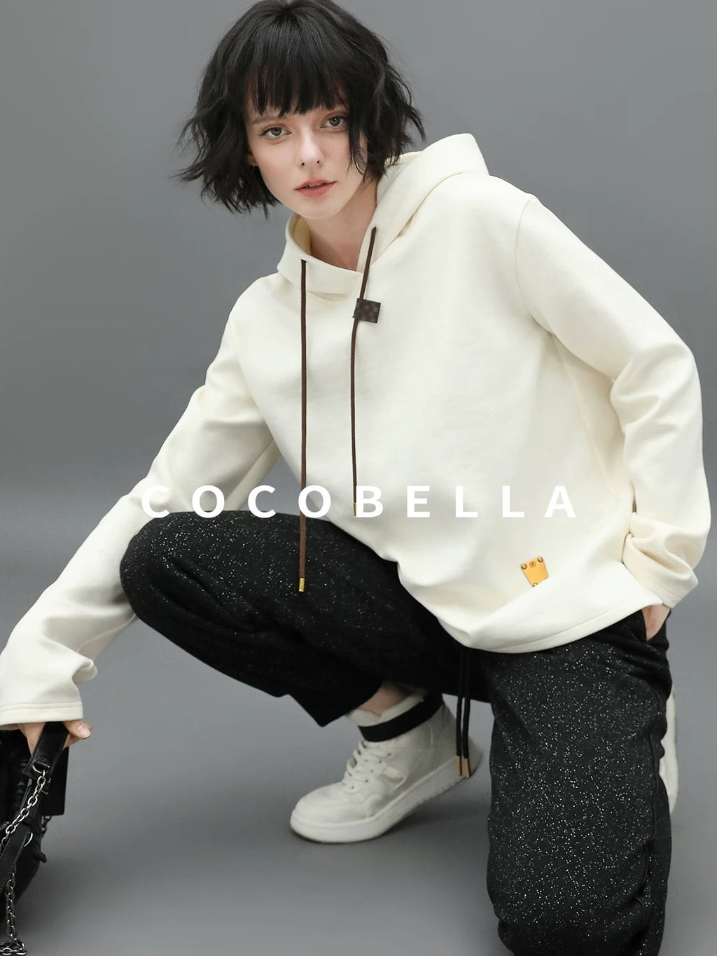 COCOBELLA Soft Polyester Stretch Loose Fit 3D Embellished Drawstring Street Hooded Hoodies