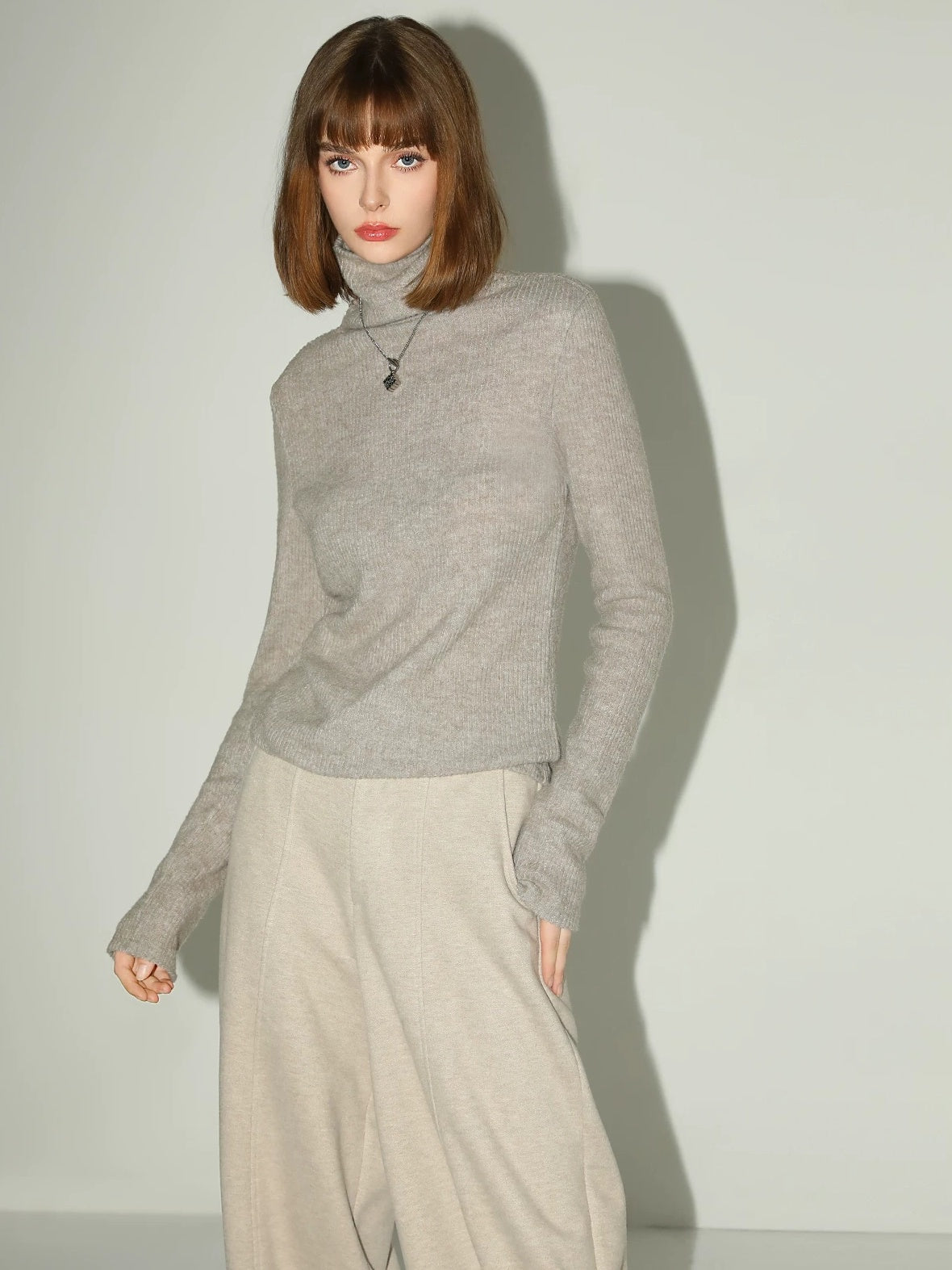 COCOBELLA Soft Ribbed Turtleneck Slim Fit Minimal Commuter Pullover Oatmeal Khaki Sweater