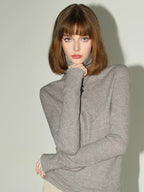COCOBELLA Soft Ribbed Turtleneck Slim Fit Minimal Commuter Pullover Oatmeal Khaki Sweater
