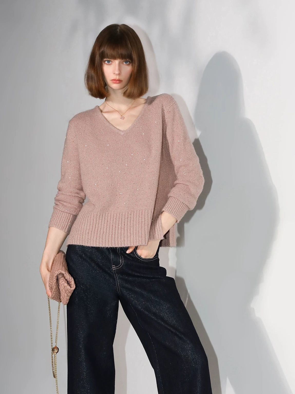 COCOBELLA Soft Sequin Lurex Straight Fit V Neck Pullover Women Knit Sweater