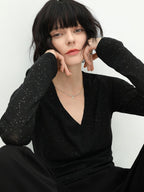 COCOBELLA Soft Sequin Minimal Commuter Loose V Neck Long Sleeve Knitted Stretch Shirts