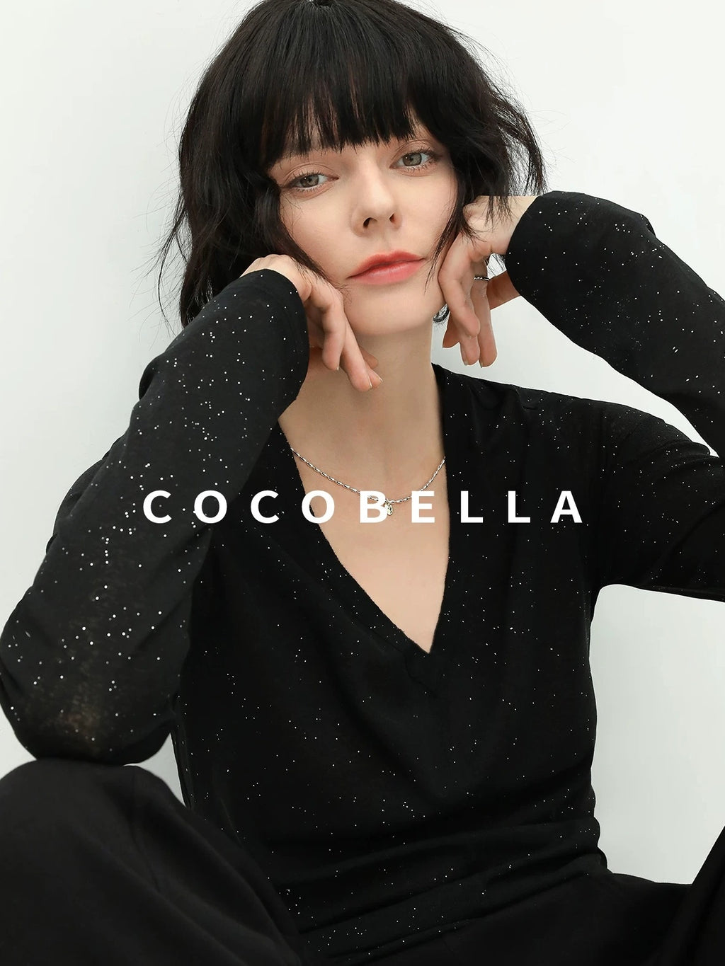 COCOBELLA Soft Sequin Minimal Commuter Loose V Neck Long Sleeve Knitted Stretch Shirts