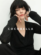 COCOBELLA Soft Sequin Minimal Commuter Loose V Neck Long Sleeve Knitted Stretch Shirts
