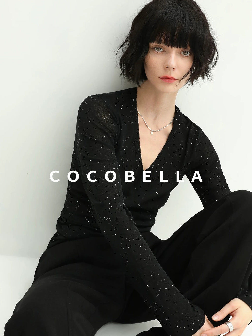 COCOBELLA Soft Sequin Minimal Commuter Loose V Neck Long Sleeve Knitted Stretch Shirts