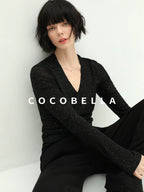 COCOBELLA Soft Sequin Minimal Commuter Loose V Neck Long Sleeve Knitted Stretch Shirts