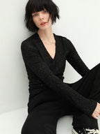 COCOBELLA Soft Sequin Minimalist Loose Fit Women Office V Neck Long Sleeve Black T-Shirts