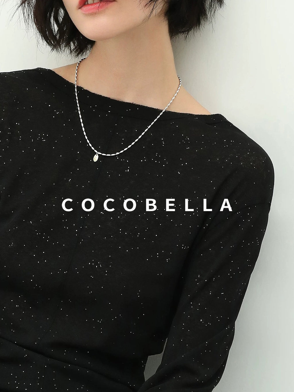 COCOBELLA Soft Sequin Minimalist Loose Fit Women Office V Neck Long Sleeve Black T-Shirts