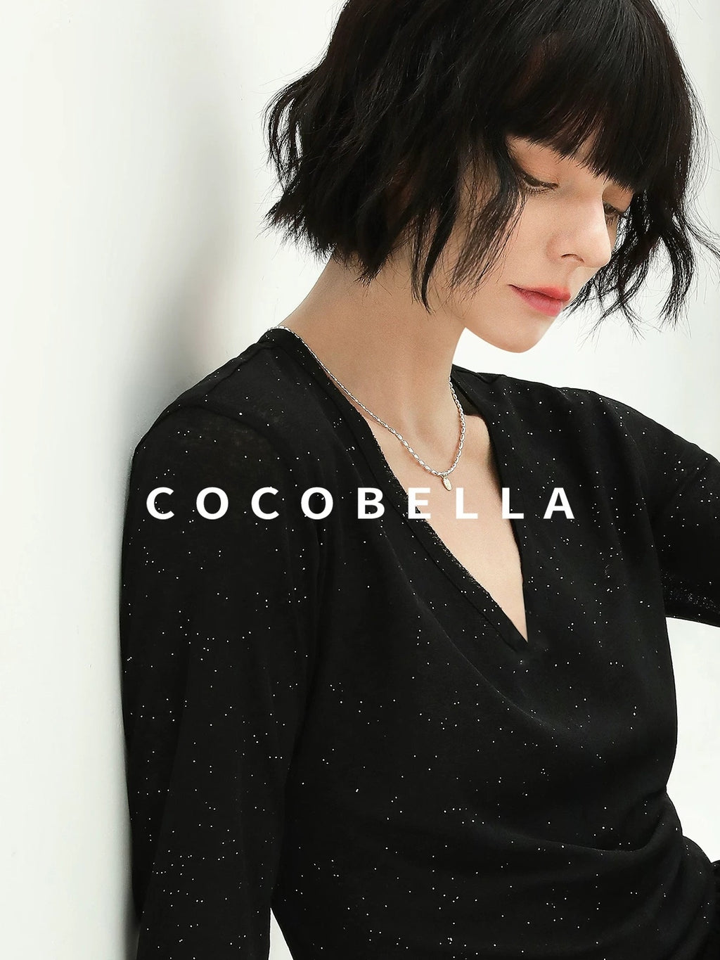 COCOBELLA Soft Sequin Minimalist Loose Fit Women Office V Neck Long Sleeve Black T-Shirts