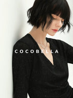 COCOBELLA Soft Sequin Minimalist Loose Fit Women Office V Neck Long Sleeve Black T-Shirts